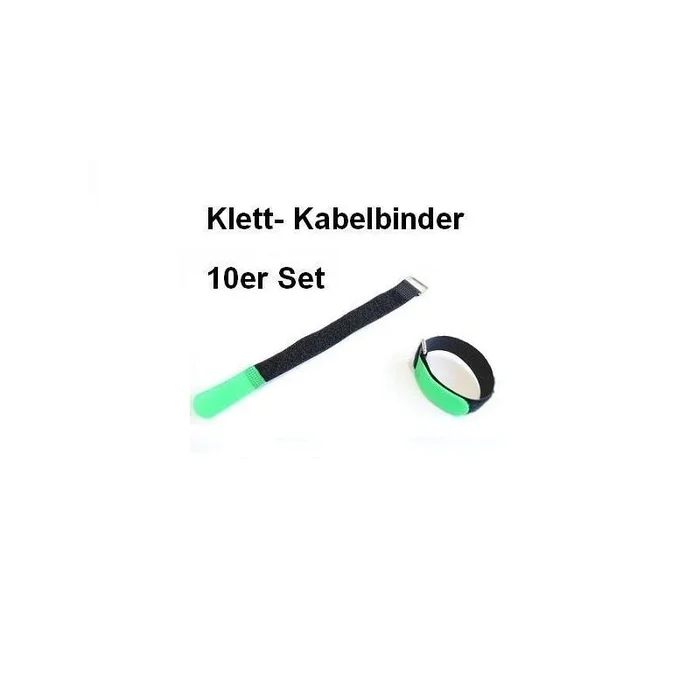 10er Set Klettband / Klettkabelbinder 20 x 2,0cm mit Metallöse – schwarz / grün