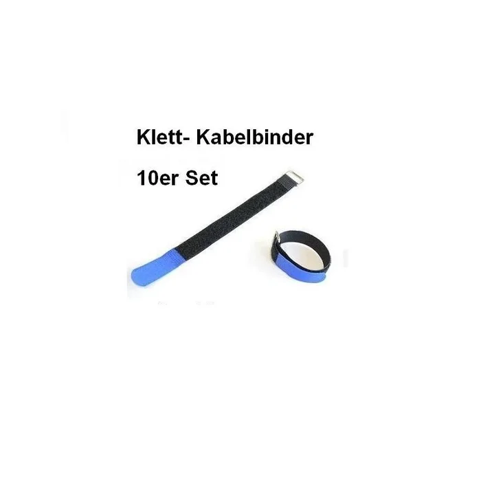 10er Set Klettband / Klettkabelbinder 25 x 2,0cm mit Metallöse – schwarz / blau