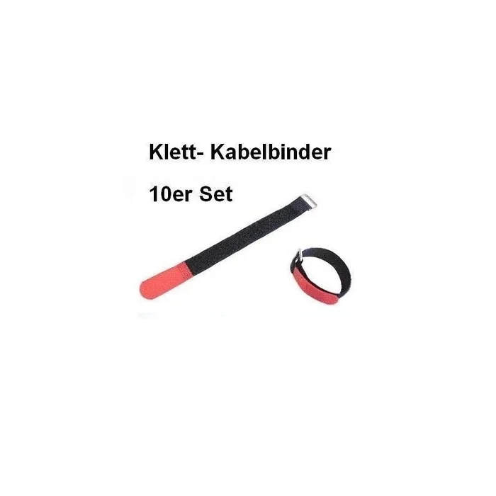 10er Set Klettband / Klettkabelbinder 25 x 2,0cm mit Metallöse – schwarz / rot
