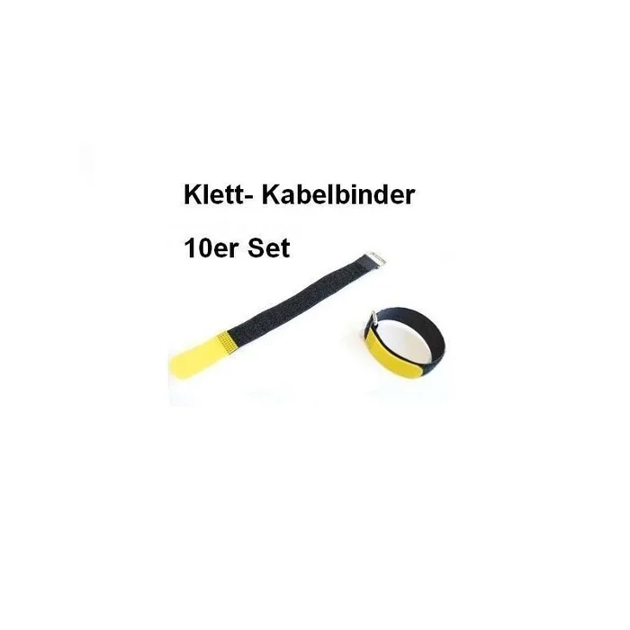 10er Set Klettband / Klettkabelbinder 30 x 2,0cm mit Metallöse – schwarz / gelb
