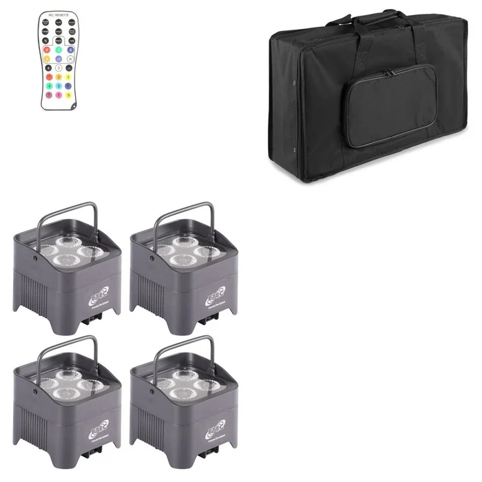 4x ETEC Akku LED Par Scheinwerfer E412 mit 4x12W RGBWA+UV Wireless DMX mit Transporttasche