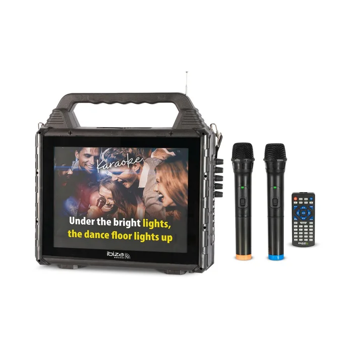 IBIZA KARAVISION tragbarer Karaoke Lautsprecher mit Bildschirm und 2 Funk-Mikrofonen