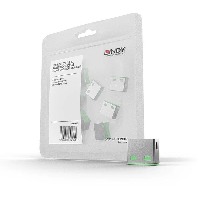 LINDY 40461 USB Typ A Port Schloss, grün, 10 Stück – Zehn Port Schlösser für USB ohne