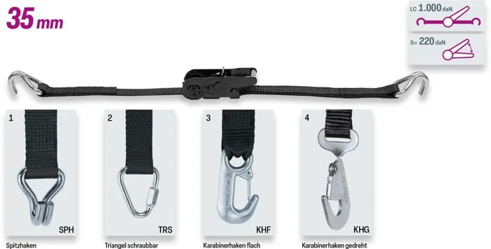 SAFETEX 1 t Zurrgurt mit Druckratsche, Spitzhaken, 35 mm, 6 m, 2-teilig BLACKLINE