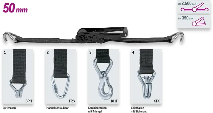 SAFETEX 2,5 t Zurrgurt mit Druckratsche, Spitzhaken mit Sicherung, 50 mm, 4 m, 2-teilig, BLACKLINE