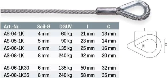 SAFETEX Anschlagseil für Drahtseilhalter, 4 mm, 60 kg, 3 m, verzinkt