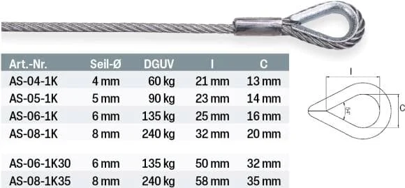 SAFETEX Anschlagseil für Drahtseilhalter, 4 mm, 60 kg, 5 m, verzinkt