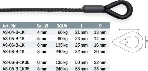 SAFETEX Anschlagseil für Drahtseilhalter, 5 mm, 90 kg, 1 m, BLACKLINE