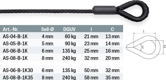 SAFETEX Anschlagseil für Drahtseilhalter, 5 mm, 90 kg, 4 m, BLACKLINE