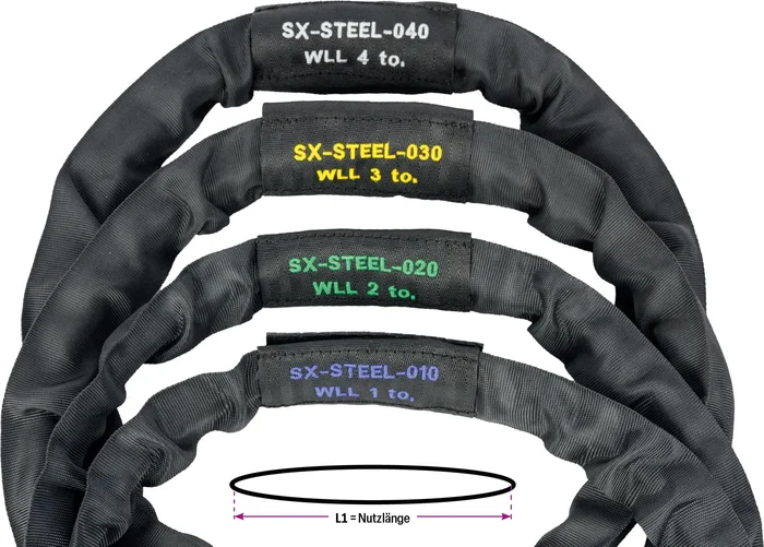 SAFETEX Blackline SX-STEEL Rundschlinge WLL 1 to – mit Stahlseil-Einlage, Umfang 8,00 Meter, schwarz