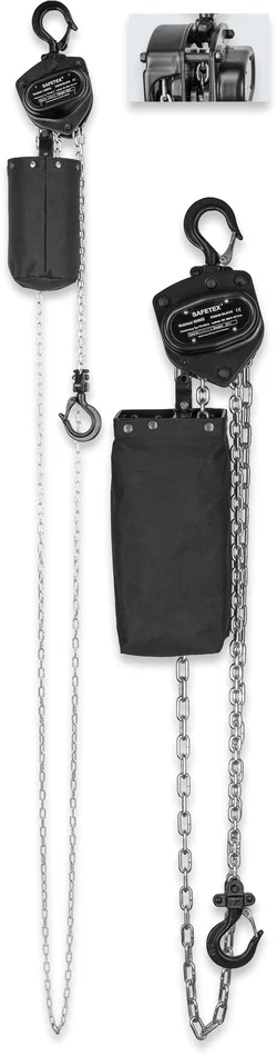 SAFETEX Stirnradflaschenzug 250 kg Minitype, 9 m Kette, MIT Kettenspeicher, BLACKLINE
