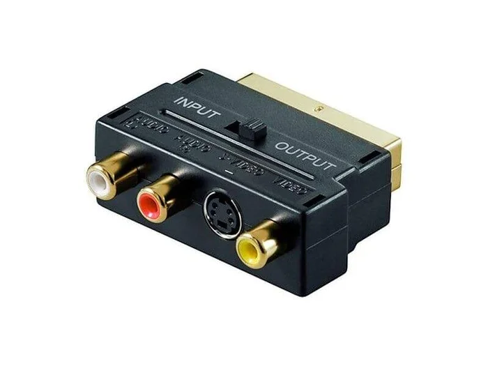 Scartstecker>3xCinch-Buchsen lose Ware, IN/OUT Umschalter+4 pol. mini DIN-Buchse