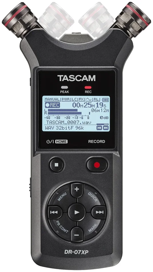 Tascam DR-07XP – 32 Bit float Linear-PCM/MP3-Recorder, microSDXC-Karte bis 512GB als Aufnahmemedium